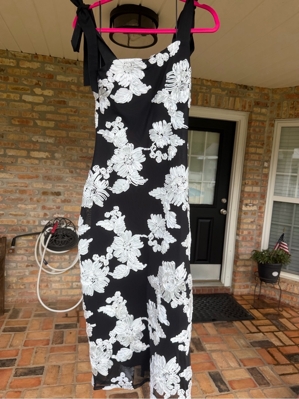 Black & White Floral Tie-Shoulder Midi Dress